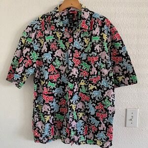 H&M Keith Haring Pop Art Relaxed Fit Short Sleeve Button Down Shirt Mens Large